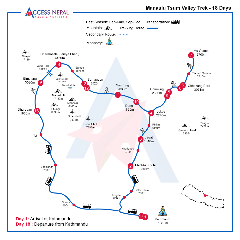 manaslu tsum valley trek route map
