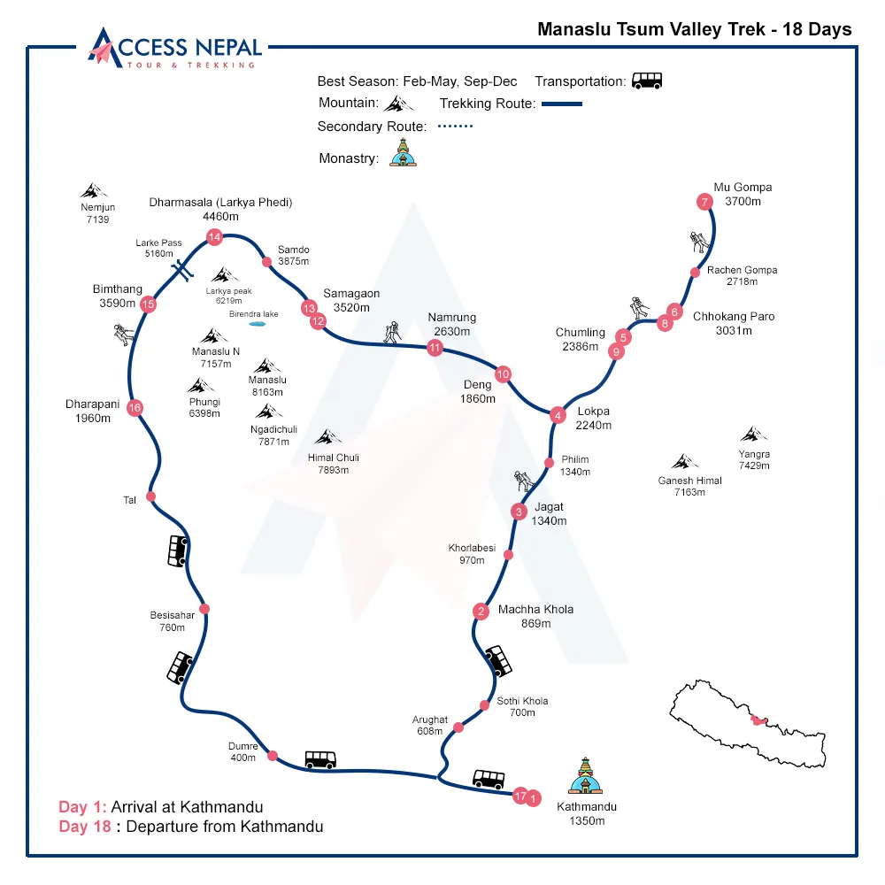 manaslu tsum valley trek route map