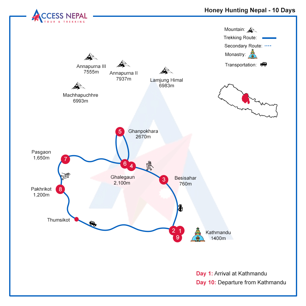 Honey Hunting in Nepal route map