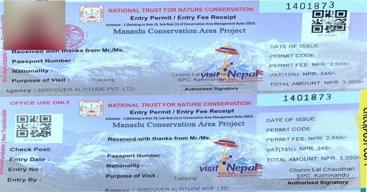 Sample of Permit of Manaslu Circuit Trek