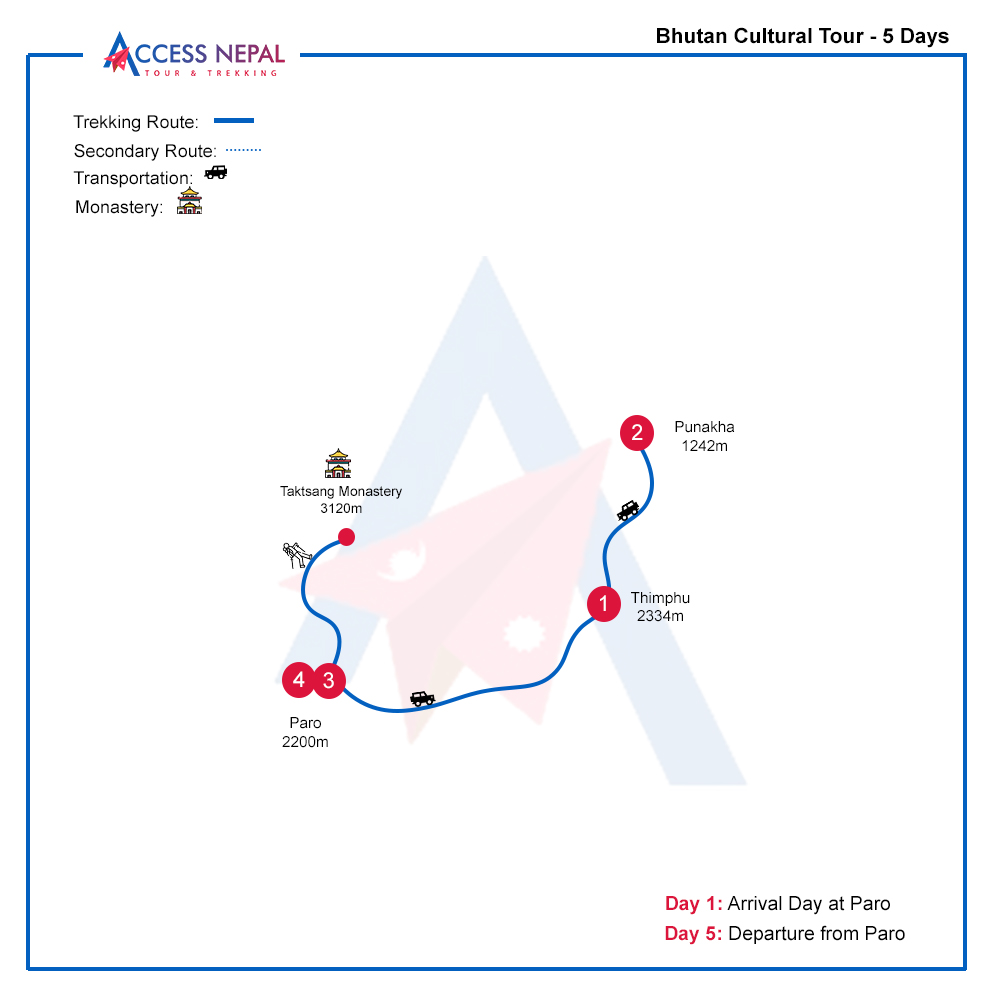 Bhutan Cultural Tour - 5 Days route map