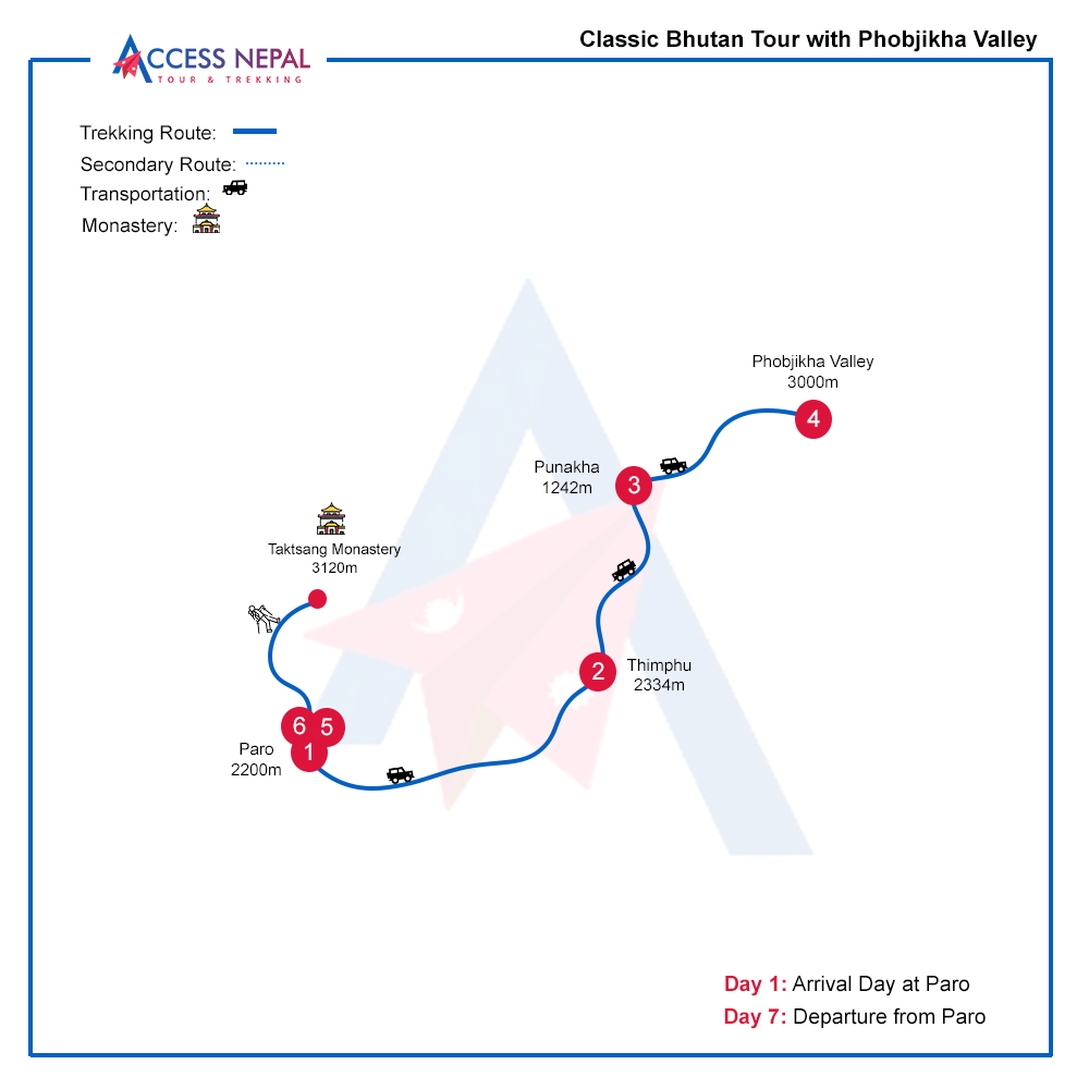 Classic Bhutan Tour with Phobjikha Valley map