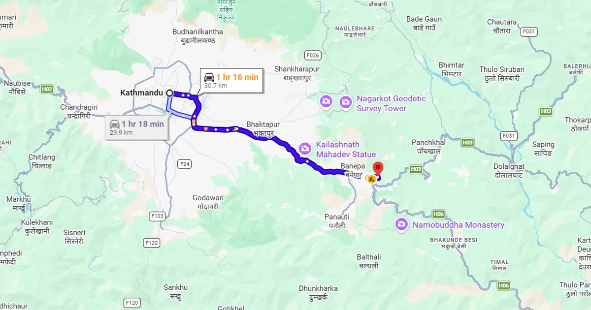 Route to reach Dhulikhel