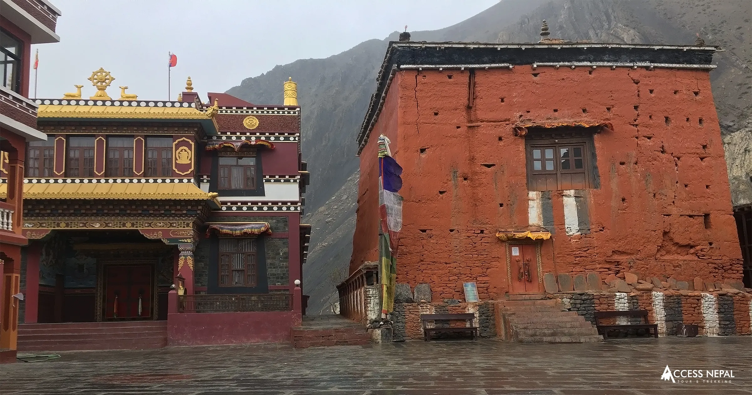 Traditional Tibetan Buddhist monastery interior or monk performing rituals in Lo Manthang