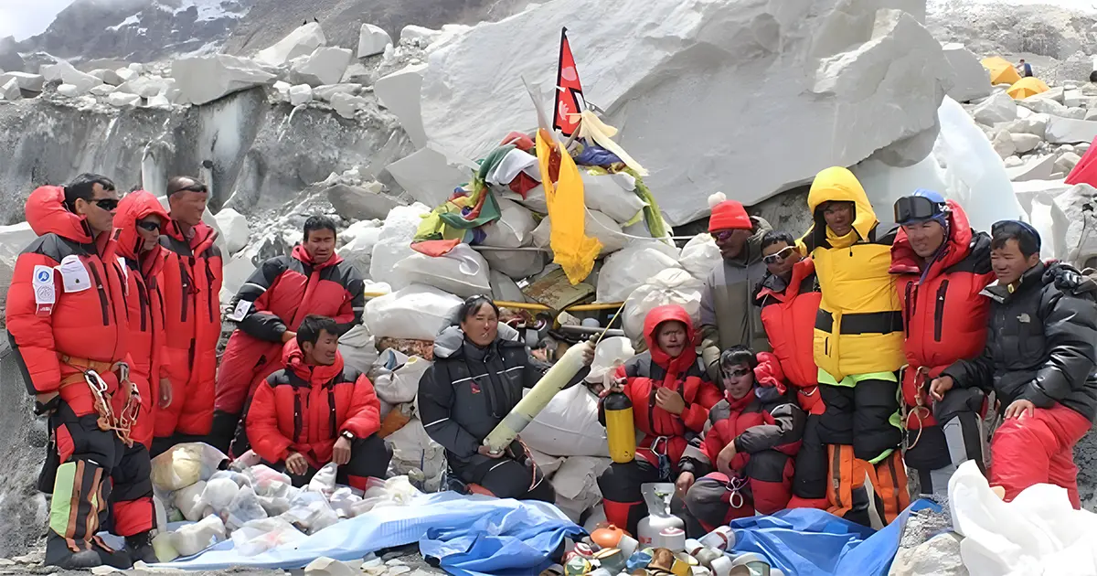 Sherpas collecting waste during an Everest clean-up campaign